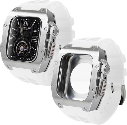 طقم تعديل سوار الساعة لساعة Apple Series 8 7 45 مم حزام مطاطي Rm Style حافظة ساعة معدنية لـ Iwatch 6 SE 5 4 44 مم ملحقات حزام غطاء بديل (44/45 مم، in Kuwait