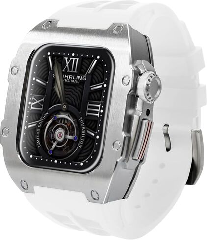 طقم تعديل سوار الساعة لساعة Apple Series 8 7 45 مم حزام مطاطي Rm Style حافظة ساعة معدنية لـ Iwatch 6 SE 5 4 44 مم ملحقات حزام غطاء بديل (44/45 مم، in Kuwait