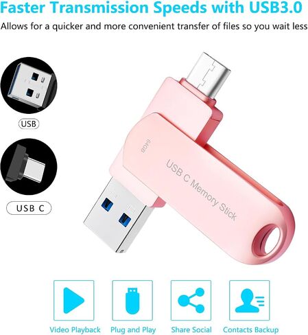 USB C Flash Drive 64GB Memory Stick for Phone, HUPINS USB C Thumb Drive, Multi Port USB Drive Compatible Android Phone Tablet and PC (64GB, Pink) in Saudi Arabia