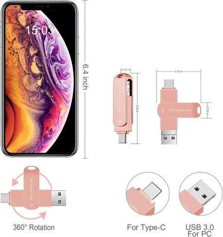 USB C Flash Drive 64GB Memory Stick for Phone, HUPINS USB C Thumb Drive, Multi Port USB Drive Compatible Android Phone Tablet and PC (64GB, Pink) in Saudi Arabia