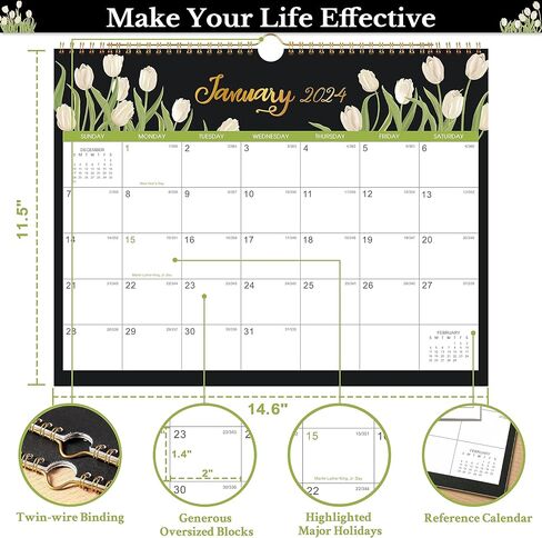 2024 Calendar - 2024 Wall Calendar, 12 Monthly Wall Calendar 2024 from Jan 2024 - Dec 2024, 14.6" x 11.5", Perfect 2024 Wall Calendar for Organizing in Kuwait