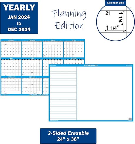 تقويم قابل للمسح لعام 2024، مخطط حائط قابل للمسح الجاف من SwiftGlimpse، 91.44 سم × 60.96 سم، كبير، أفقي، قابل للعكس لمساحة تخطيط كبيرة in Kuwait