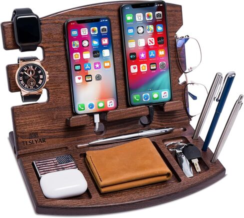 TESLYAR Gifts for Men Wood Phone Docking Station Natural Ash Phone Key Holder Wallet Stand Watch Organizer Men Husband Wife Anniversary Dad Birthday Nightstand Purse Father Graduation Male Gadgets in Kuwait