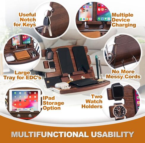 TESLYAR Gifts for Men Wood Phone Docking Station Natural Ash Phone Key Holder Wallet Stand Watch Organizer Men Husband Wife Anniversary Dad Birthday Nightstand Purse Father Graduation Male Gadgets in Kuwait