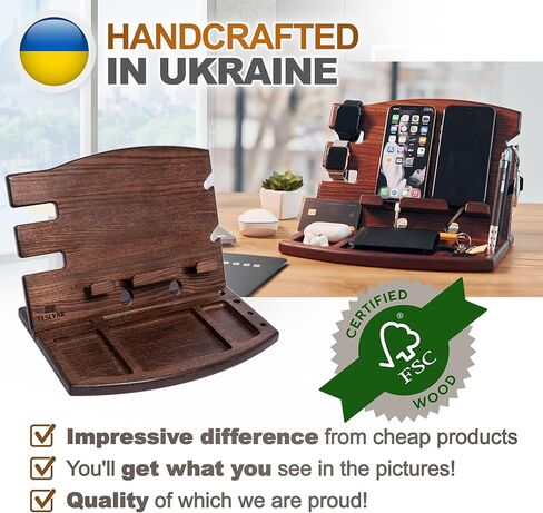 TESLYAR Gifts for Men Wood Phone Docking Station Natural Ash Phone Key Holder Wallet Stand Watch Organizer Men Husband Wife Anniversary Dad Birthday Nightstand Purse Father Graduation Male Gadgets in Kuwait