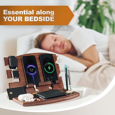 TESLYAR Gifts for Men Wood Phone Docking Station Natural Ash Phone Key Holder Wallet Stand Watch Organizer Men Husband Wife Anniversary Dad Birthday Nightstand Purse Father Graduation Male Gadgets in Kuwait
