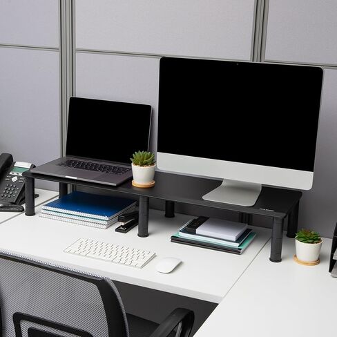 Mind Reader Dual Monitor Stand, Height Adjustable, Desktop Organizer, Laptop Riser, Office, 38.5" L x 11" W x 2.55-6.5" H, Black in Saudi Arabia