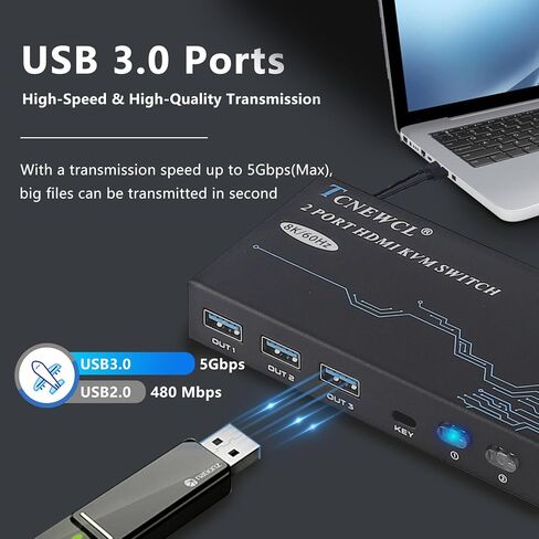 TCNEWCL KVM Switch HDMI 2 Port, Aluminum KVM Switch HDMI, USB Switch for 2 Computers Sharing Mouse Keyboard Printer to 1 HD Monitor, Support 4K@60Hz with 2 HDMI Cables and 2 USB Cables Included in Saudi Arabia