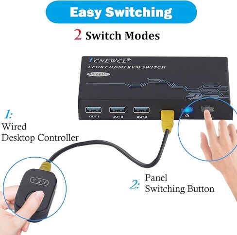 TCNEWCL KVM Switch HDMI 2 Port, Aluminum KVM Switch HDMI, USB Switch for 2 Computers Sharing Mouse Keyboard Printer to 1 HD Monitor, Support 4K@60Hz with 2 HDMI Cables and 2 USB Cables Included in Saudi Arabia