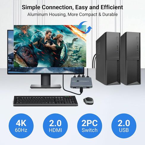 TCNEWCL KVM Switch HDMI 2 Port, Aluminum KVM Switch HDMI, USB Switch for 2 Computers Sharing Mouse Keyboard Printer to 1 HD Monitor, Support 4K@60Hz with 2 HDMI Cables and 2 USB Cables Included in Saudi Arabia