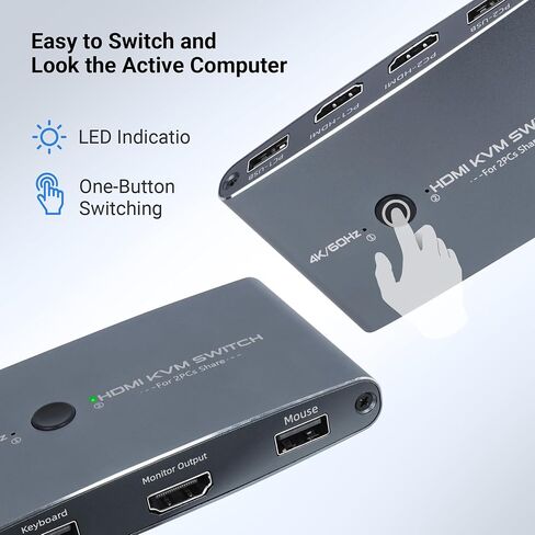TCNEWCL KVM Switch HDMI 2 Port, Aluminum KVM Switch HDMI, USB Switch for 2 Computers Sharing Mouse Keyboard Printer to 1 HD Monitor, Support 4K@60Hz with 2 HDMI Cables and 2 USB Cables Included in Saudi Arabia