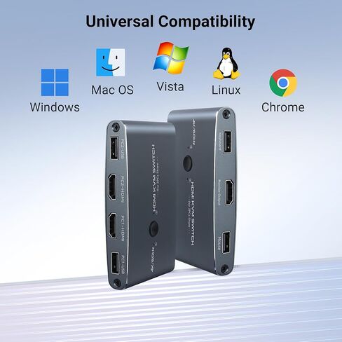 TCNEWCL KVM Switch HDMI 2 Port, Aluminum KVM Switch HDMI, USB Switch for 2 Computers Sharing Mouse Keyboard Printer to 1 HD Monitor, Support 4K@60Hz with 2 HDMI Cables and 2 USB Cables Included in Saudi Arabia