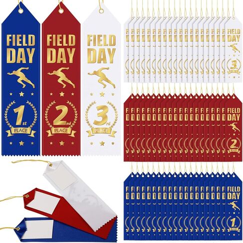 Oudain 72 Pieces Field Day Award Ribbons 1st, 2nd, 3rd Place School Field Day Ribbons with Event Card and Rope Red, Blue, White Student Awards Classroom for Competition Sports Event in Saudi Arabia