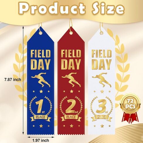 Oudain 72 Pieces Field Day Award Ribbons 1st, 2nd, 3rd Place School Field Day Ribbons with Event Card and Rope Red, Blue, White Student Awards Classroom for Competition Sports Event in Saudi Arabia