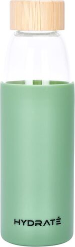 زجاجة مياه زجاجية من هيدرات، 25 أونصة - زجاجات للشرب في صالة الألعاب الرياضية مزودة بغطاء سيليكون مقاوم للانزلاق وغطاء من الخيزران مانع للتسرب - زجاجة رياضية شفافة مصنوعة من زجاج البورسليكات (10 × 3 بوصات، أخضر زيتوني) in Kuwait