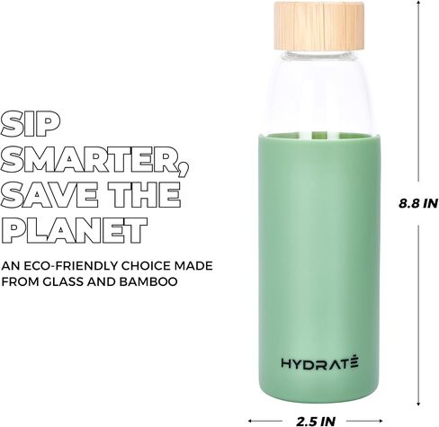 زجاجة مياه زجاجية من هيدرات، 25 أونصة - زجاجات للشرب في صالة الألعاب الرياضية مزودة بغطاء سيليكون مقاوم للانزلاق وغطاء من الخيزران مانع للتسرب - زجاجة رياضية شفافة مصنوعة من زجاج البورسليكات (10 × 3 بوصات، أخضر زيتوني) in Kuwait