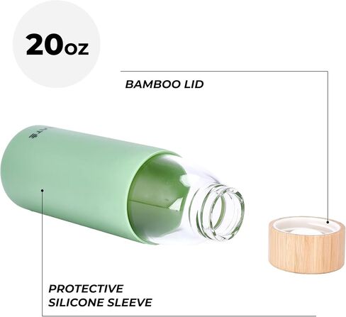 زجاجة مياه زجاجية من هيدرات، 25 أونصة - زجاجات للشرب في صالة الألعاب الرياضية مزودة بغطاء سيليكون مقاوم للانزلاق وغطاء من الخيزران مانع للتسرب - زجاجة رياضية شفافة مصنوعة من زجاج البورسليكات (10 × 3 بوصات، أخضر زيتوني) in Kuwait