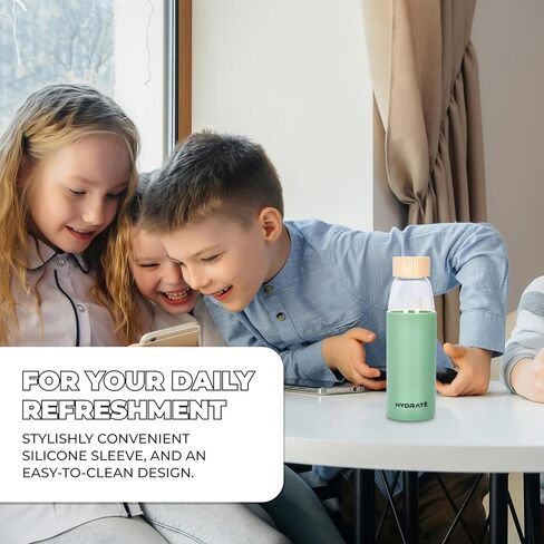 زجاجة مياه زجاجية من هيدرات، 25 أونصة - زجاجات للشرب في صالة الألعاب الرياضية مزودة بغطاء سيليكون مقاوم للانزلاق وغطاء من الخيزران مانع للتسرب - زجاجة رياضية شفافة مصنوعة من زجاج البورسليكات (10 × 3 بوصات، أخضر زيتوني) in Kuwait