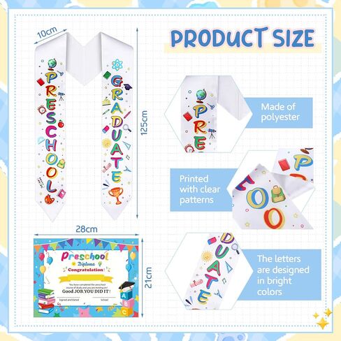 24 Pieces Kindergarten Graduation Kids Graduation Sash with Kindergarten Diploma with 12 Pcs Kindergarten Graduation Sash and 12 Pcs Kindergarten Diploma for Kids Students Teachers Graduation Supply in Saudi Arabia