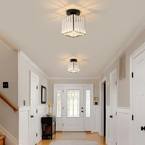 Goeco Ceiling Light, Square Crystal Semi Flush Mount Ceiling Light, Modern Black Mini Size Close to Ceiling Light, Sparkling Light Fixture for Hallway, Entryway, Stairway, Bathroom in Kuwait