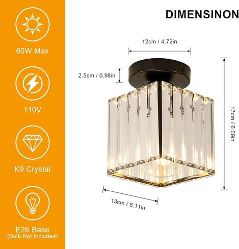 Goeco Ceiling Light, Square Crystal Semi Flush Mount Ceiling Light, Modern Black Mini Size Close to Ceiling Light, Sparkling Light Fixture for Hallway, Entryway, Stairway, Bathroom in Kuwait