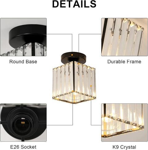 Goeco Ceiling Light, Square Crystal Semi Flush Mount Ceiling Light, Modern Black Mini Size Close to Ceiling Light, Sparkling Light Fixture for Hallway, Entryway, Stairway, Bathroom in Kuwait