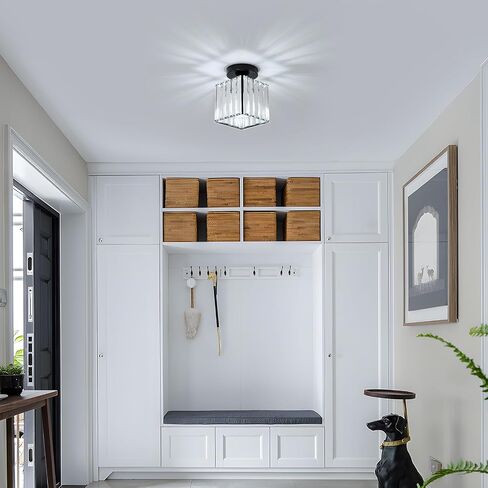 Goeco Ceiling Light, Square Crystal Semi Flush Mount Ceiling Light, Modern Black Mini Size Close to Ceiling Light, Sparkling Light Fixture for Hallway, Entryway, Stairway, Bathroom in Kuwait