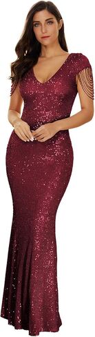 meilun Women's V Neck Sequin Formal Dress Fringe Bead Sleeve Evening Party Maxi Dress in Kuwait
