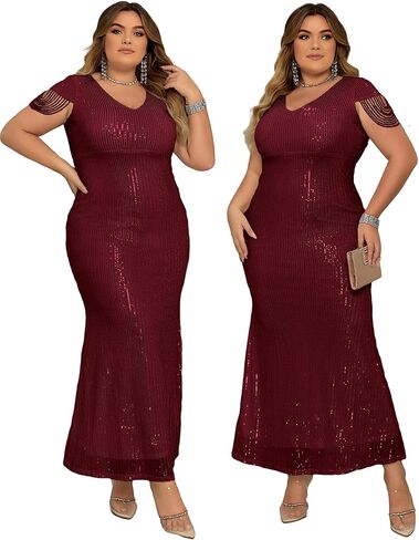 meilun Women's V Neck Sequin Formal Dress Fringe Bead Sleeve Evening Party Maxi Dress in Kuwait