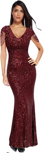 meilun Women's V Neck Sequin Formal Dress Fringe Bead Sleeve Evening Party Maxi Dress in Kuwait