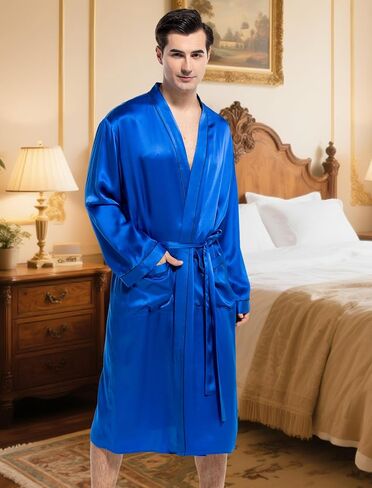 COLD POSH Men's Real Silk Robe Luxury Lightweight Bathrobe for Men Long Sleeve Mulberry Silk Sleepwear in Kuwait