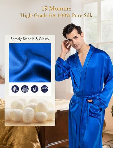 COLD POSH Men's Real Silk Robe Luxury Lightweight Bathrobe for Men Long Sleeve Mulberry Silk Sleepwear in Kuwait