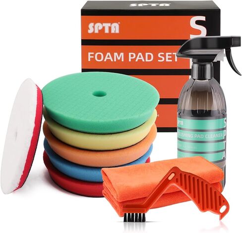 SPTA 10 Pcs Detailing Set, 5Pc 6 inch Buffing Polishing Pads, 1 Microfiber Finish Pad, 1-16 oz Polishing Cleaner, 1 Conditioning Brush, 2-16"*16" Microfiber Towel. for Dual Action and Rotary Polishers in Kuwait