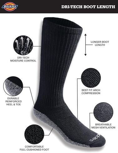 Dickies Men's Multi-Pack Dri-tech Moisture Control Boot-Length Socks, Black (6 Pairs), X-Large in Saudi Arabia