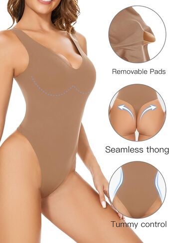 Decorus Bodysuit Built in Bra Bodysuits: Women Sexy Tank Top Bodysuit - Womens V-Neck Sleeveless Thong Shapewear in Saudi Arabia