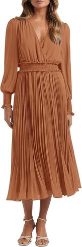 PRETTYGARDEN Womens Wrap V Neck Spring Dresses Wedding Guest Casual Pleated Long Sleeve Midi Dress Ruffle Smocked Long Dress in Kuwait