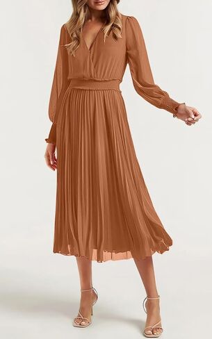 PRETTYGARDEN Womens Wrap V Neck Spring Dresses Wedding Guest Casual Pleated Long Sleeve Midi Dress Ruffle Smocked Long Dress in Kuwait
