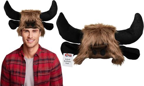Adult Furry Buffalo Hat - Faux Fur Beast Bison Black Bull Horns Ears Hats - Funny Animal Cap Cosplay Halloween Costume Headwear, Brown, One Size in Saudi Arabia