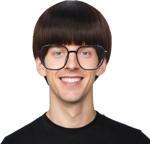 Anogol Hair Cap + Short Black Bowl Cut Wig Mushroom Wigs with Bangs for Men Boys Women Funny Wigs for Movie Halloween Cosplay Costume Party in Saudi Arabia