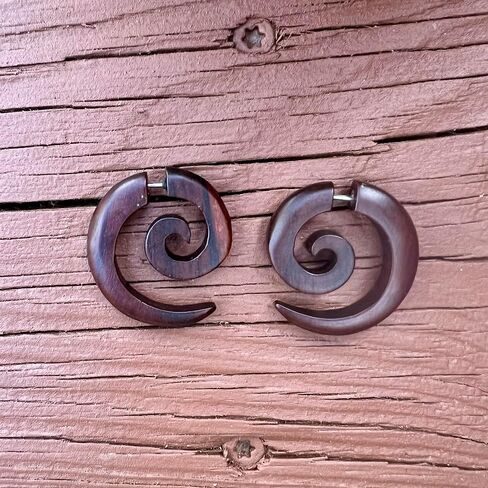 Earth Accessories Spiral Fake Gauges for Women or Men - Faux Gauge Earrings with Organic Wood and Surgical Steel - Fake Plugs Sold as a Pair in Black or Brown in Kuwait