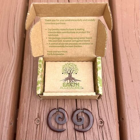 Earth Accessories Spiral Fake Gauges for Women or Men - Faux Gauge Earrings with Organic Wood and Surgical Steel - Fake Plugs Sold as a Pair in Black or Brown in Kuwait