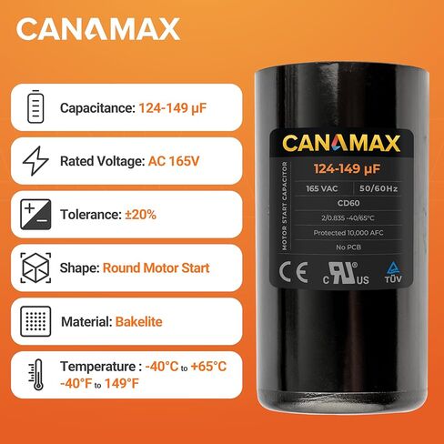 Canamax 340-408 MFD uf 50/60 Hz 110-125 VAC Volts Round Start Capacitor - Replacement for AC Motor Run or Fan Start and Cool or Heat Pump Air Conditioner - Replaces 4X067 11022 PMJ340 235-9739-02 in Kuwait