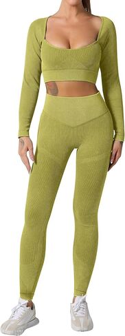 Workout Sets for Women Long Sleeev 2 Piece Yoga Outfits Seamless Ribbed Sweetheart Neck Crop Top High Wasit Legging Sets in Kuwait