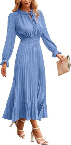 PRETTYGARDEN Women's 2024 Fall Midi Dress Casual Long Sleeve V Neck Swiss Dot Pleated A Line Flowy Dresses in Kuwait