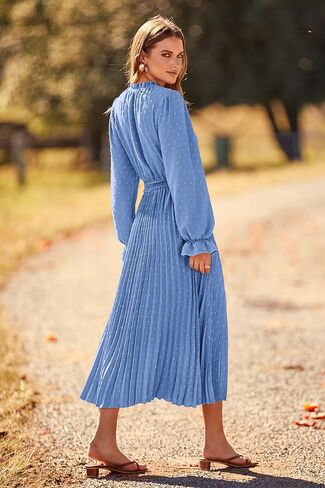 PRETTYGARDEN Women's 2024 Fall Midi Dress Casual Long Sleeve V Neck Swiss Dot Pleated A Line Flowy Dresses in Kuwait