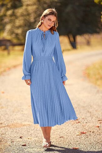 PRETTYGARDEN Women's 2024 Fall Midi Dress Casual Long Sleeve V Neck Swiss Dot Pleated A Line Flowy Dresses in Kuwait