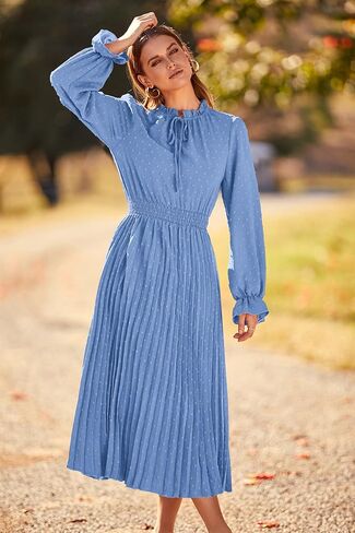 PRETTYGARDEN Women's 2024 Fall Midi Dress Casual Long Sleeve V Neck Swiss Dot Pleated A Line Flowy Dresses in Kuwait