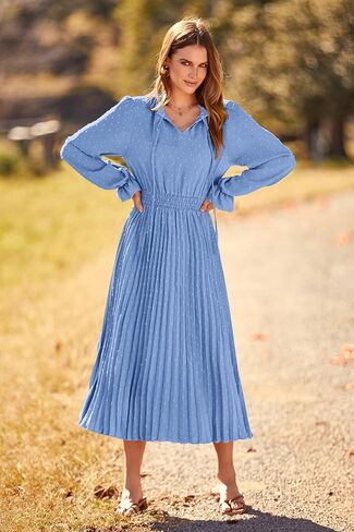 PRETTYGARDEN Women's 2024 Fall Midi Dress Casual Long Sleeve V Neck Swiss Dot Pleated A Line Flowy Dresses in Kuwait