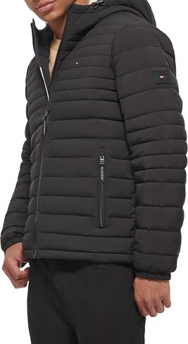 Tommy Hilfiger Men's Stretch Poly Hooded Packable Jacket with Sherpa Lining, Midnight, Large in Saudi Arabia