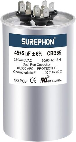 مكثف تشغيل SUREPHON CBB65 للتيار المتردد 45/5 فائق التوهج 45+5 MFD مزدوج 370-440 فولت، يعمل في أنظمة التدفئة والتهوية وتكييف الهواء، ومكيفات الهواء، والمضخات الحرارية in Kuwait